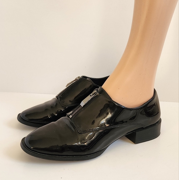 ZARA LOAFERS BLACK PATENT ZIP SHOES 38 7.5 - Picture 3 of 11